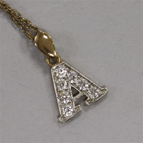 A 9ct gold and simulated diamond initial A pendant on chain.